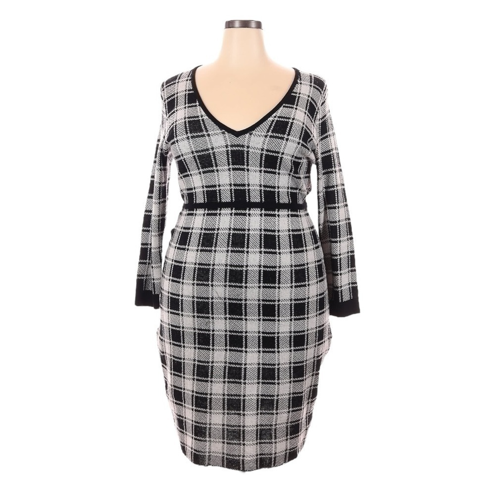 Torrid Plaid Bodycon Sweater Dress NWT 2X V-Neck L/S Stretch Knit Black Gray